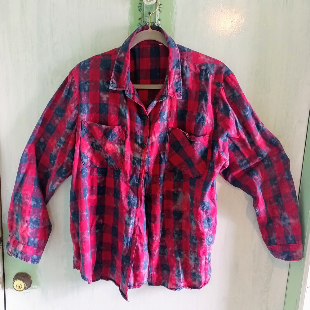Vanilla Star Flannel Distressed Bleached Red and Blue Plaid Long Sleeve Shirt